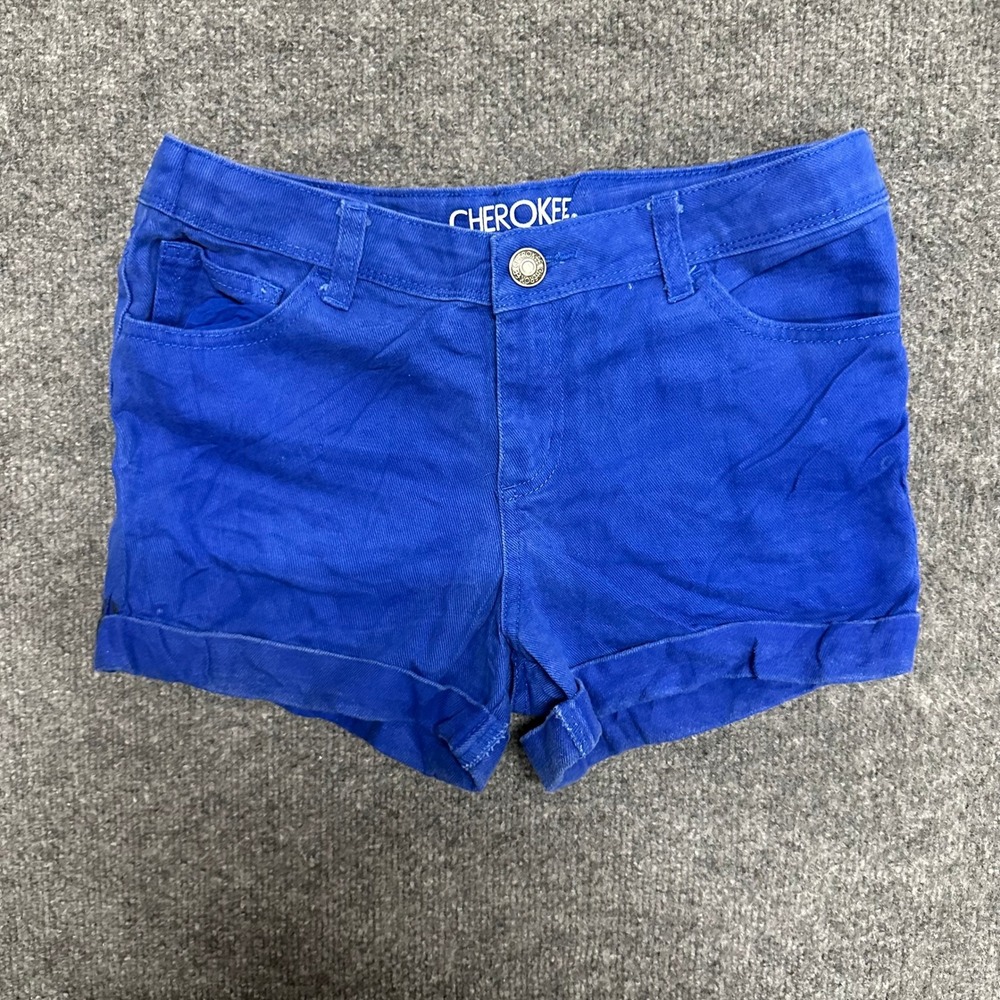 Cherokee Shorts Girls Size XL (14/16) Royal Blue Denim Cuffed Casual 5-Pocket